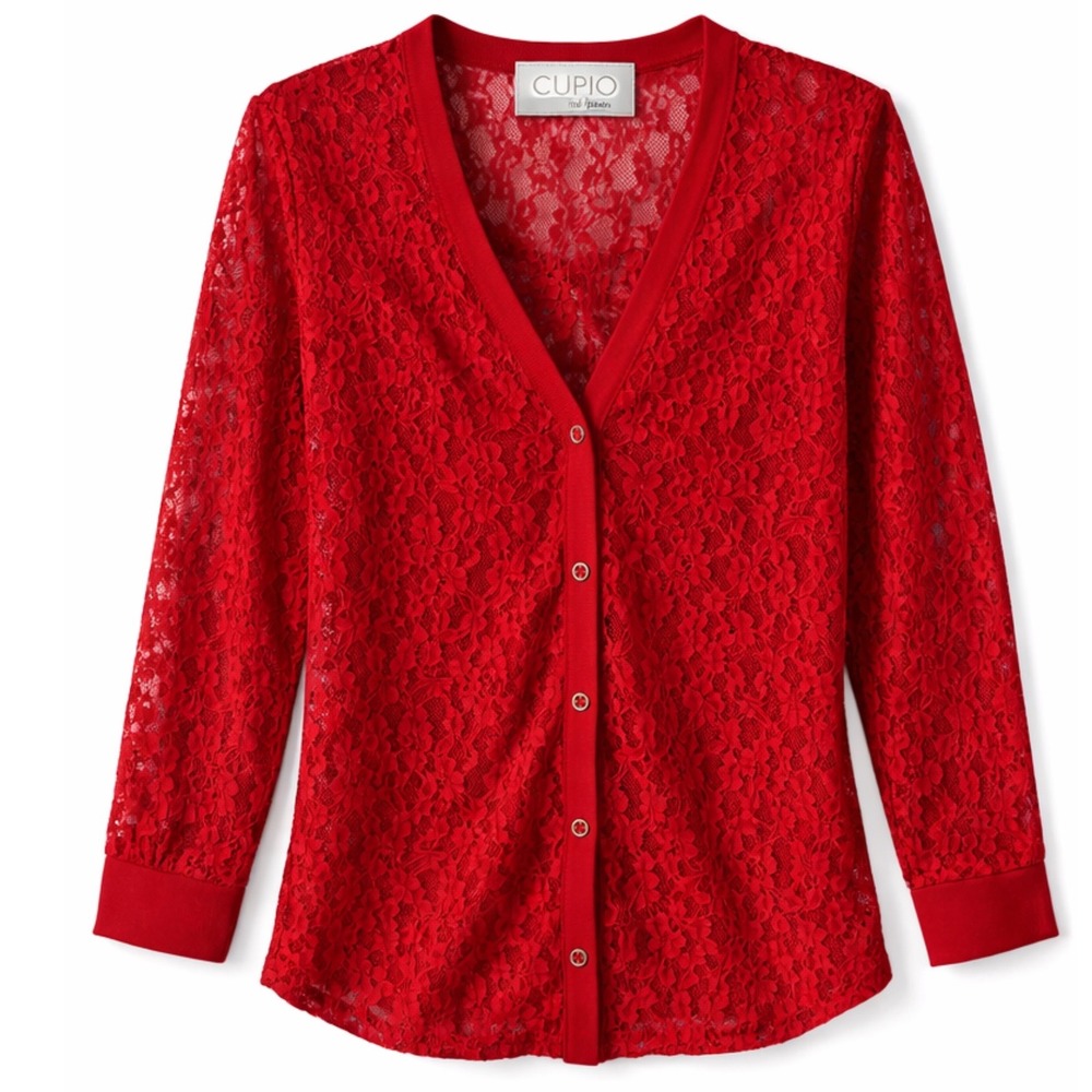 Cupio Blush Red Lace Cardigan Cami‎ Set Sheer Floral Button Front Layering Top S